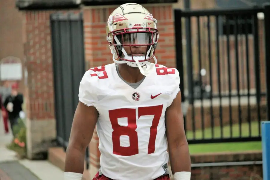 Tight end Camm McDonald at FSU's first spring practice of 2019.