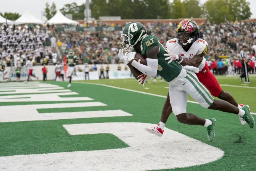 Sep 10, 2022; Charlotte, North Carolina, USA; Charlotte 49ers wide receiver Grant DuBose (14) makes a touchdown catch defended by Maryland Terrapins defensive back Deonte Banks (3) during the first quarter at Jerry Richardson Stadium. Mandatory Credit: Jim Dedmon-USA TODAY Sports (NFL - Green Bay Packers)