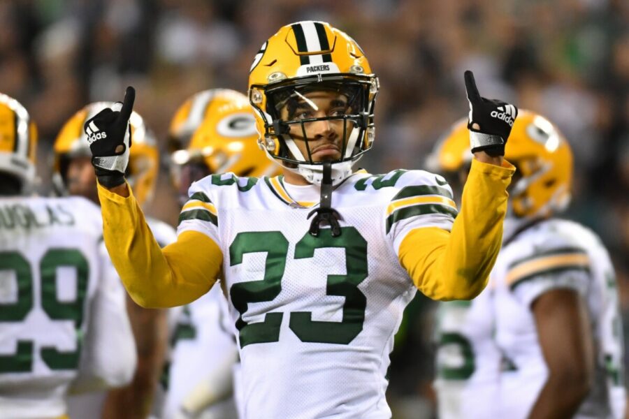 Nov 27, 2022; Philadelphia, Pennsylvania, USA; Green Bay Packers cornerback Jaire Alexander (23) acknkowledges the crowd against the Philadelphia Eagles during the fourth quarter at Lincoln Financial Field. Mandatory Credit: Eric Hartline-USA TODAY Sports (NFL News)