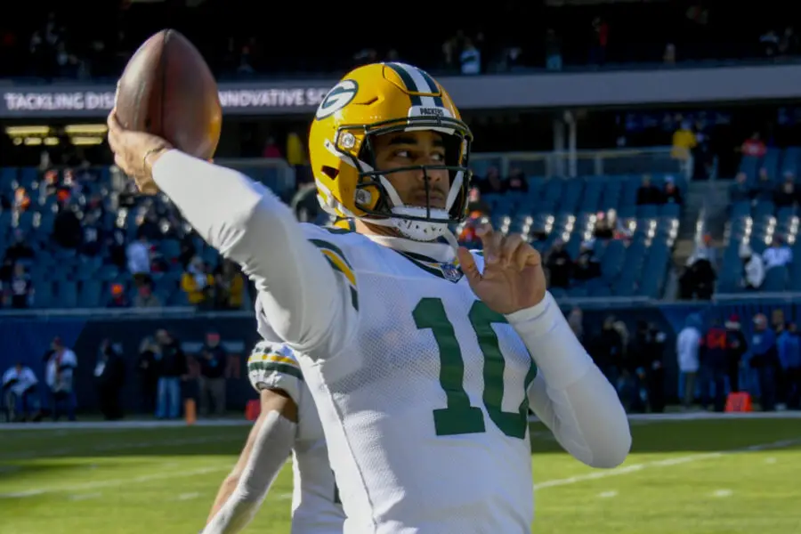 Dec 4, 2022; Chicago, Illinois, USA; Green Bay Packers quarterback Jordan Love (10) during warmups before a game against the Chicago Bears at Soldier Field. Mandatory Credit: Matt Marton-USA TODAY Sports