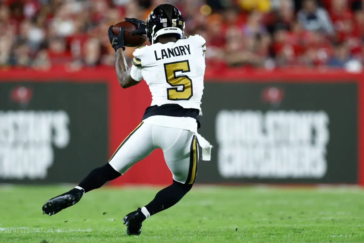 Dec 5, 2022; Tampa, Florida, USA; New Orleans Saints wide receiver Jarvis Landry (5) makes a reception against the Tampa Bay Buccaneers during the third quarter at Raymond James Stadium. Mandatory Credit: Douglas DeFelice-USA TODAY Sports - Green Bay Packers