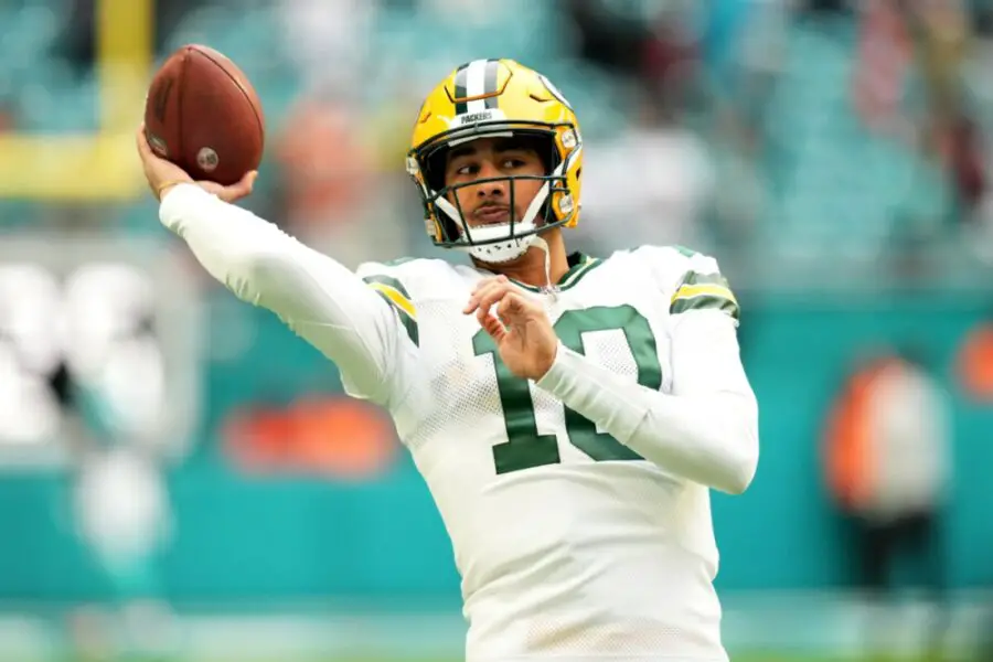 Dec 25, 2022; Miami Gardens, Florida, USA; Green Bay Packers quarterback Jordan Love (10) warms up prior to the game against the Miami Dolphins at Hard Rock Stadium. Mandatory Credit: Jasen Vinlove-USA TODAY Sports (NFL News)