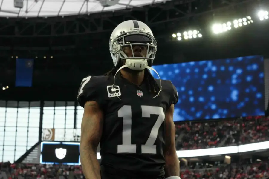 Jan 7, 2023; Paradise, Nevada, USA; Las Vegas Raiders receiver Davante Adams (17) reacts during the game against the Kansas City Chiefs at Allegiant Stadium. Mandatory Credit: Kirby Lee-USA TODAY Sports - Green Bay Packers