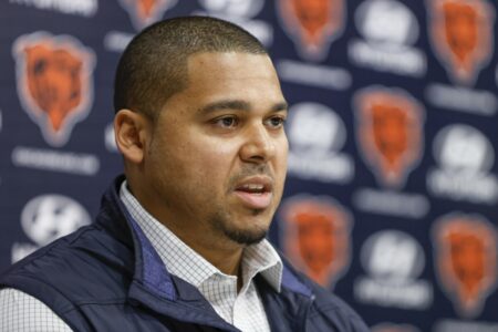 Mar 16, 2023; Lake Forest, IL, USA; Chicago Bears general manager Ryan Poles speaks during a press conference at Halas Hall. Mandatory Credit: Kamil Krzaczynski-USA TODAY Sports