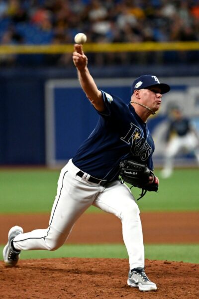 Ex Milwaukee Brewers pitcher Chase Anderson throws for the Tampa Bay Rays
