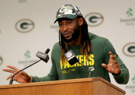Green Bay Packers running back Aaron Jones speaks to media on May 10, 2023, at Lambeau Field in Green Bay, Wis. © Sarah Kloepping/USA TODAY NETWORK-Wisconsin / USA TODAY NETWORK (NFL News)