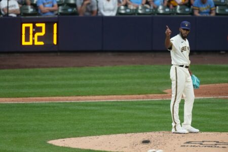 Milwaukee Brewers reliever Elvis Peguero was acquired in the Hunter Renfroe trade with the Los Angeles Angels