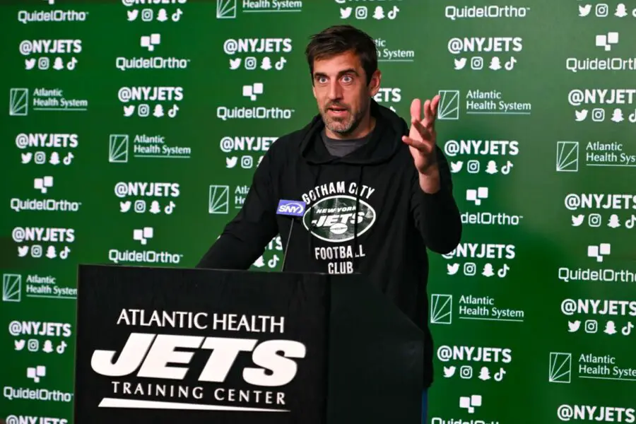 May 23, 2023; Florham Park, NJ, USA; New York Jets quarterback Aaron Rodgers (8) speaks at a press conference after practice at Atlantic Health Jets Training Center. Mandatory Credit: John Jones-USA TODAY Sports