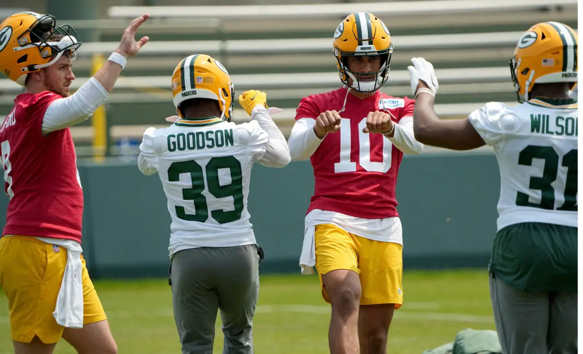 Green Bay Packers quarterback Sean Clifford (8), running back Tyler Goodson (39), quarterback Jordan Love (10) and running back Emanuel Wilson (31) are shown during organized team activities Tuesday, May 23, 2023 in Green Bay, Wis. (NFL News)