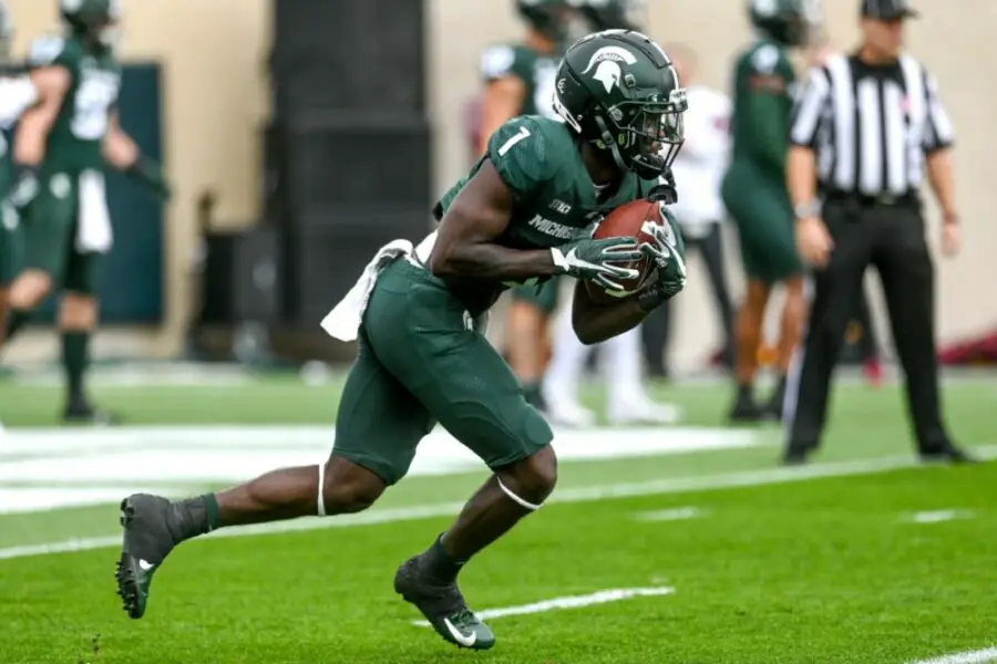 Michigan State's Jayden Reed warms up before the game against Minnesota on Saturday, Sept. 24, 2022, at Spartan Stadium in East Lansing. 220924 Msu Minn Fb 041a (USA Today Sports)