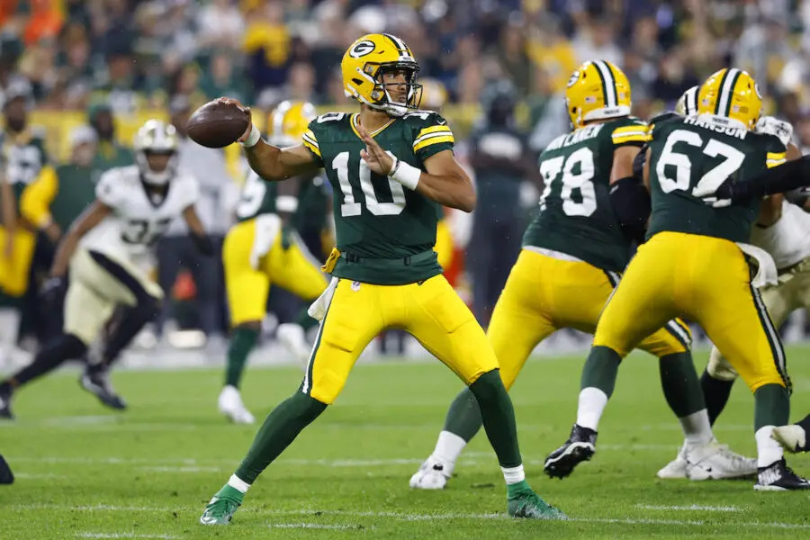 Aug 19, 2022; Green Bay, Wisconsin, USA; Green Bay Packers quarterback Jordan Love (10) throws a pass during the third quarter against the New Orleans Saints at Lambeau Field. Mandatory Credit: Jeff Hanisch-USA TODAY Sports