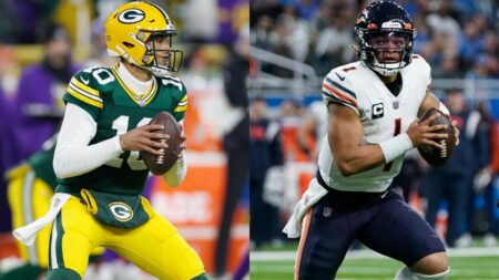 Chicago Bears Quarterback Justin Fields and Green Bay Packers Quarterback Jordan Love pictured side by side. (Photo Credit: GMFB on ESPN) (NFL News)