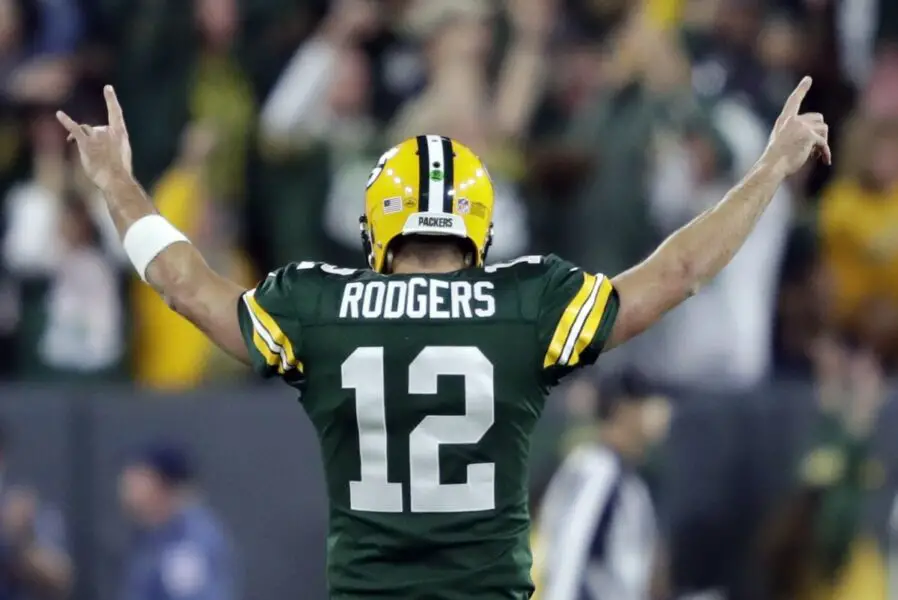 Sept 9, 2018; Green Bay, WI, USA; Green Bay Packers quarterback Aaron Rodgers (12) celebrates the game-winning touchdown pass to Randall Cobb late in the fourth quarter against the Chicago Bears at Lambeau Field. Mandatory credit: Dan Powers/USA TODAY NETWORK-Wisconsin via USA TODAY NETWORK ORIG FILE ID: 20180830_pjc_usa_473.JPG USP NFL: CHICAGO BEARS AT GREEN BAY PACKERS S FBN USA WI