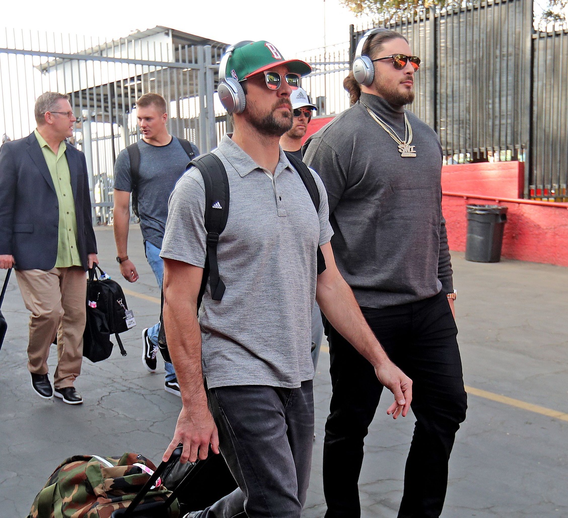 Green Bay Packers quarterback Aaron Rodgers (12) and offensive tackle David Bakhtiari (69) arrive for the game against the LA Rams Sunday, October 28, 2018 at the Memorial Coliseum in Los Angeles, Cal. Jim Matthews/USA TODAY NETWORK-Wis (NFL News)