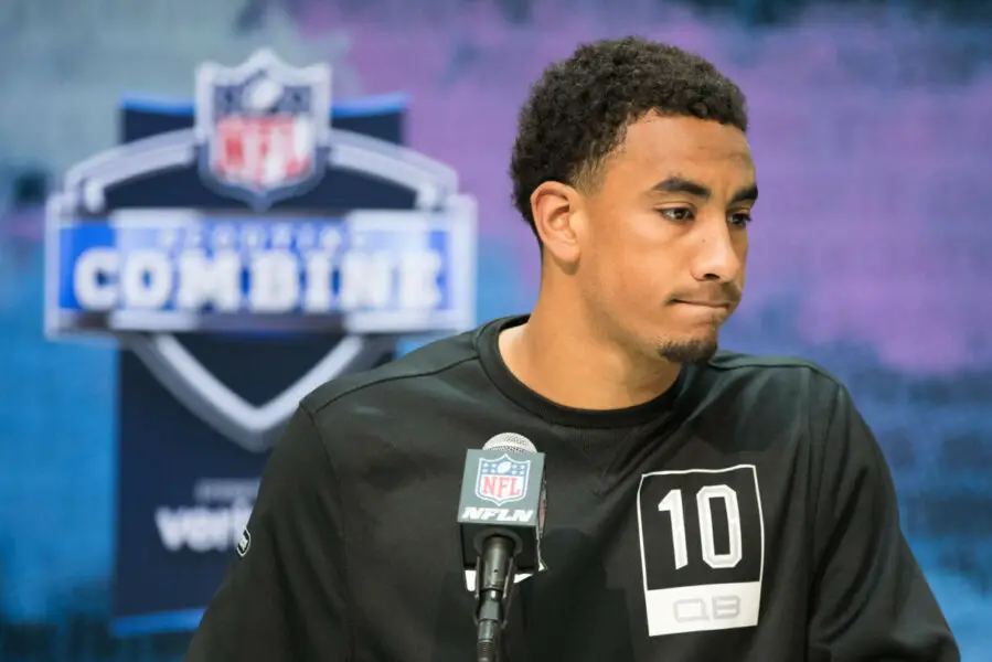 Feb 25, 2020; Indianapolis, Indiana, USA; Utah State quarterback Jordan Love (QB10) speaks to the media during the 2020 NFL Combine in the Indianapolis Convention Center. Mandatory Credit: Trevor Ruszkowski-USA TODAY Sports