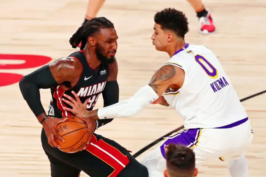 Oct 4, 2020; Orlando, Florida, USA; Miami Heat forward Jae Crowder (99) holds the ball while defended by Los Angeles Lakers forward Kyle Kuzma (0) during the fourth quarter of game three of the 2020 NBA Finals at AdventHealth Arena. The Miami Heat won 115-104. Mandatory Credit: Kim Klement-USA TODAY Sports NBA Rumors
