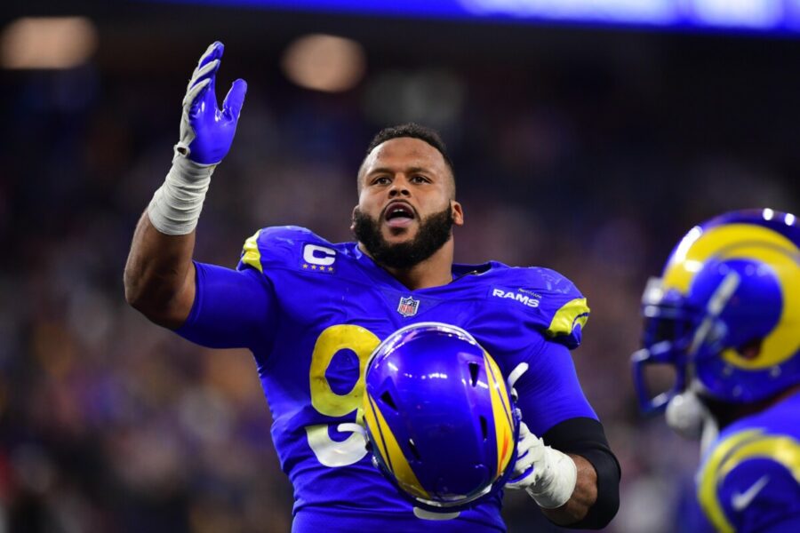 Jan 30, 2022; Inglewood, California, USA; Los Angeles Rams defensive end Aaron Donald (99) celebrates in the fourth quarter during the NFC Championship Game against the San Francisco 49ers at SoFi Stadium. Mandatory Credit: Gary A. Vasquez-USA TODAY Sports (NFL)