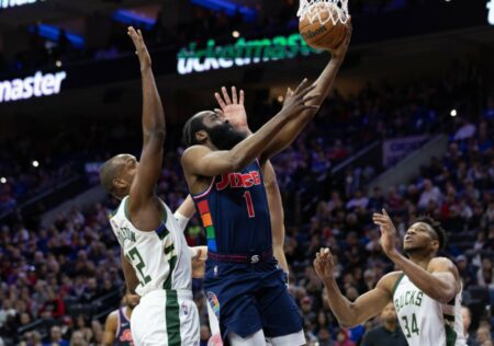 Mar 29, 2022; Philadelphia, Pennsylvania, USA; Philadelphia 76ers guard James Harden (1) drives for a score between Milwaukee Bucks forward Khris Middleton (22) and forward Giannis Antetokounmpo (34) during the first quarter at Wells Fargo Center. Mandatory Credit: Bill Streicher-USA TODAY Sports NBA rumors