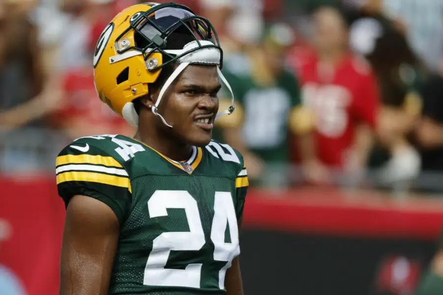 Sep 25, 2022; Tampa, Florida, USA; Green Bay Packers safety Tariq Carpenter (24) looks on against the Tampa Bay Buccaneers at Raymond James Stadium. Mandatory Credit: Kim Klement-USA TODAY Sports