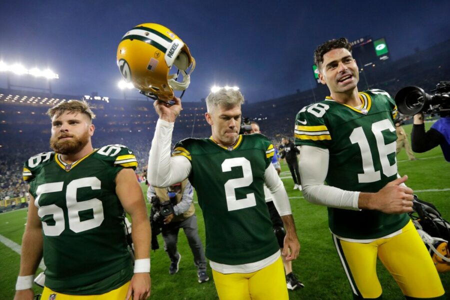 Green Bay Packers place kicker Mason Crosby (2) celebrates making the game-winning fieldgoal as he leaves the field with long snapper Jack Coco (56) and punter Pat O'Donnell (16) against the New England Patriots during their football game Sunday, October 2, at Lambeau Field in Green Bay, Wis. Dan Powers/USA TODAY NETWORK-Wisconsin Apc Packvspatriots 1002222702djp