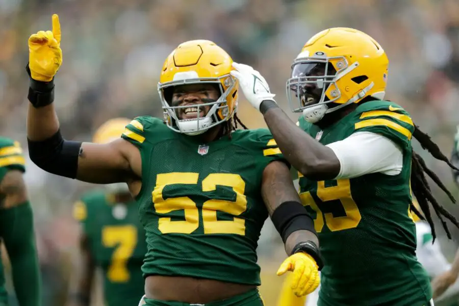 Green Bay Packers linebacker Rashan Gary (52) celebrates getting a sack against the New York Jets with teammate linebacker De'Vondre Campbell (59) during their football game Sunday, October 16, at Lambeau Field in Green Bay, Wis. Dan Powers/USA TODAY NETWORK-Wisconsin Apc Packvsjets 1016220521djp (NFL News, Green Bay Packers News)