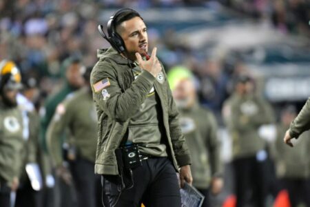 Nov 27, 2022; Philadelphia, Pennsylvania, USA; Green Bay Packers head coach Matt LaFleur on the sidelines against the Philadelphia Eagles during the fourth quarter at Lincoln Financial Field. Mandatory Credit: Eric Hartline-USA TODAY Sports NFL News