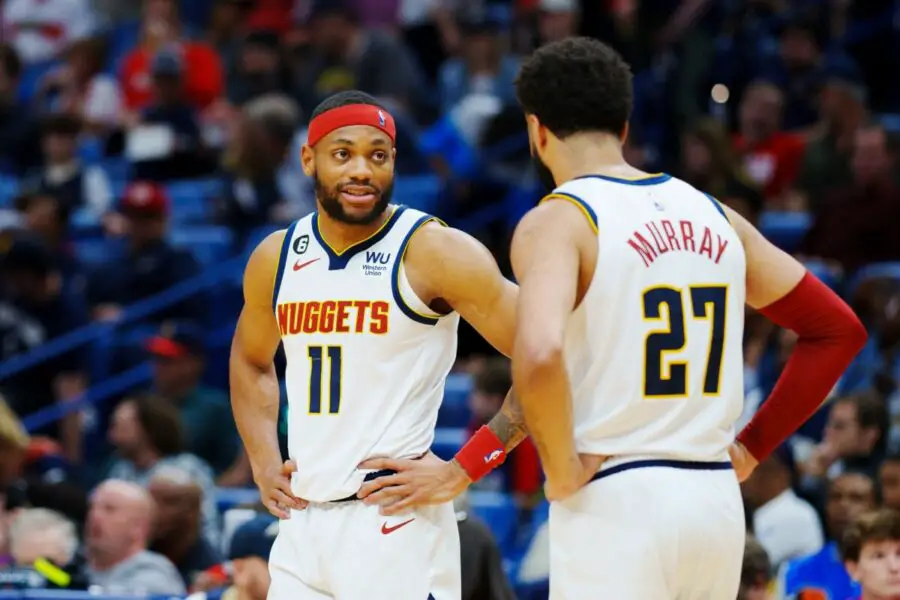 Dec 4, 2022; New Orleans, Louisiana, USA; Denver Nuggets forward Bruce Brown (11) talks to guard Jamal Murray (27) during the second quarter against the New Orleans Pelicans at Smoothie King Center. Mandatory Credit: Andrew Wevers-USA TODAY Sports Lakers NBA Rumors, NBA News