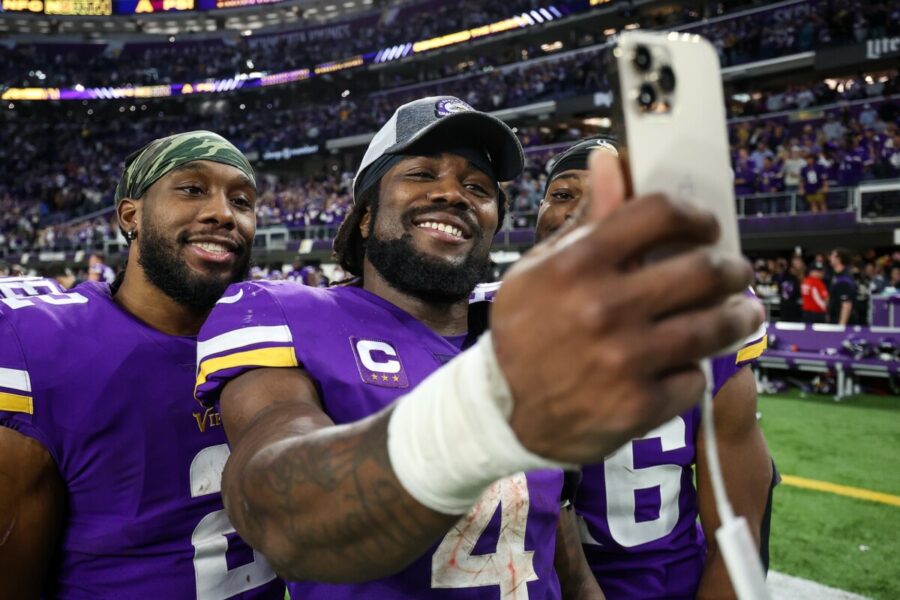 Dec 17, 2022; Minneapolis, Minnesota, USA; Minnesota Vikings running back Dalvin Cook (4) celebrates the win against the Indianapolis Colts after the game at U.S. Bank Stadium. With the win, the Minnesota Vikings clinched the NFC North. Mandatory Credit: Matt Krohn-USA TODAY Sports (NFL News)