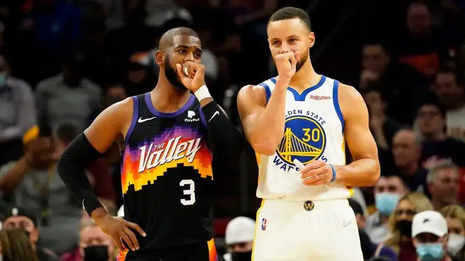 Chris Paul and Stephen Curry talk during last season's Christmas game Golden State won in Phoenix. Chris Paul Curry 1 2