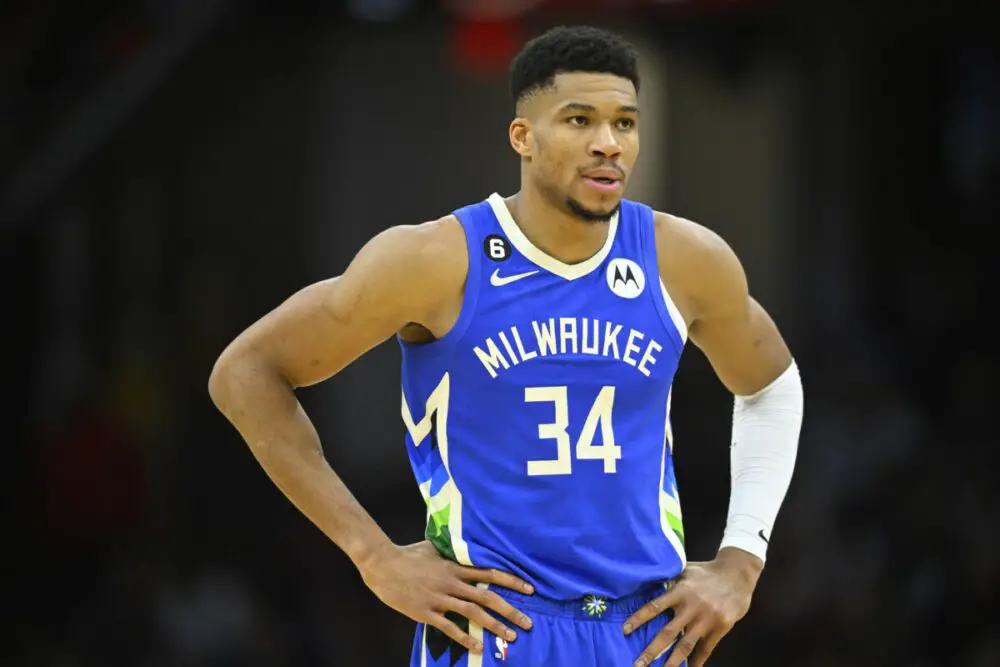 Dec 21, 2022; Cleveland, Ohio, USA; Milwaukee Bucks forward Giannis Antetokounmpo (34) reacts in the fourth quarter against the Cleveland Cavaliers at Rocket Mortgage FieldHouse. Mandatory Credit: David Richard-USA TODAY Sports (NBA Rumors)