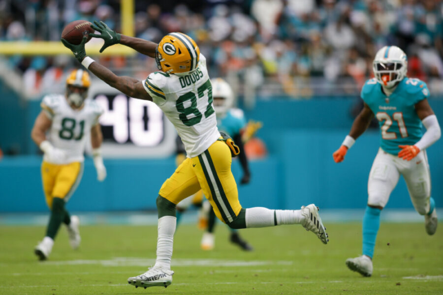 Dec 25, 2022; Miami Gardens, Florida, USA; Green Bay Packers wide receiver Romeo Doubs (87) catches the football during the fourth quarter against the Miami Dolphins at Hard Rock Stadium. Mandatory Credit: Sam Navarro-USA TODAY Sports