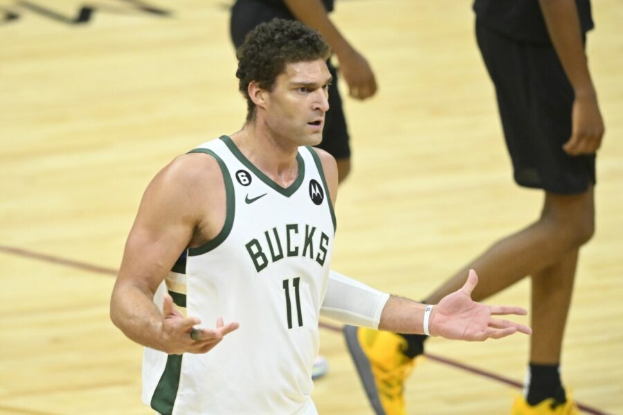 Jan 21, 2023; Cleveland, Ohio, USA; Milwaukee Bucks center Brook Lopez (11) reacts in the fourth quarter against the Cleveland Cavaliers at Rocket Mortgage FieldHouse. Mandatory Credit: David Richard-USA TODAY Sports NBA RUmors