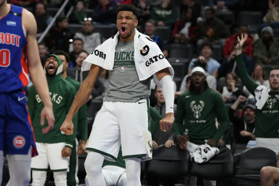 Jan 23, 2023; Detroit, Michigan, USA; Milwaukee Bucks forward Giannis Antetokounmpo's (34) reacts from the bench after his brother Thanasis (not pictured) made a basket against the Detroit Pistons in the fourth quarter at Little Caesars Arena. Mandatory Credit: Lon Horwedel-USA TODAY Sports (NBA News)