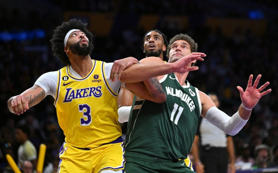 Feb 9, 2023; Los Angeles, California, USA; Milwaukee Bucks center Brook Lopez (11) boxes out Los Angeles Lakers forward Anthony Davis (3) for a rebound in the first quarter at Crypto.com Arena. Mandatory Credit: Jayne Kamin-Oncea-USA TODAY Sports NBA Rumors, NBA News