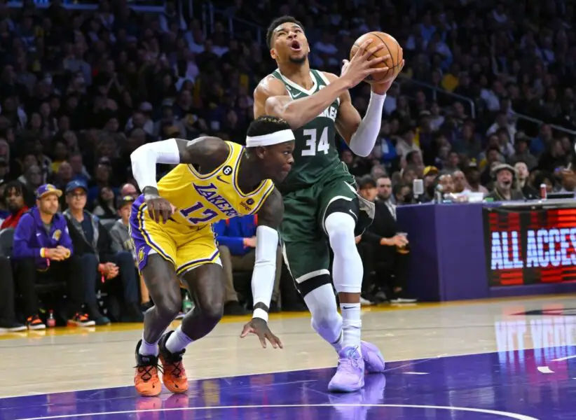 Feb 9, 2023; Los Angeles, California, USA; Milwaukee Bucks forward Giannis Antetokounmpo (34) is fouled by Los Angeles Lakers guard Dennis Schroder (17) as he drives to the basket in the first quarter at Crypto.com Arena. Mandatory Credit: Jayne Kamin-Oncea-USA TODAY Sports NBA News