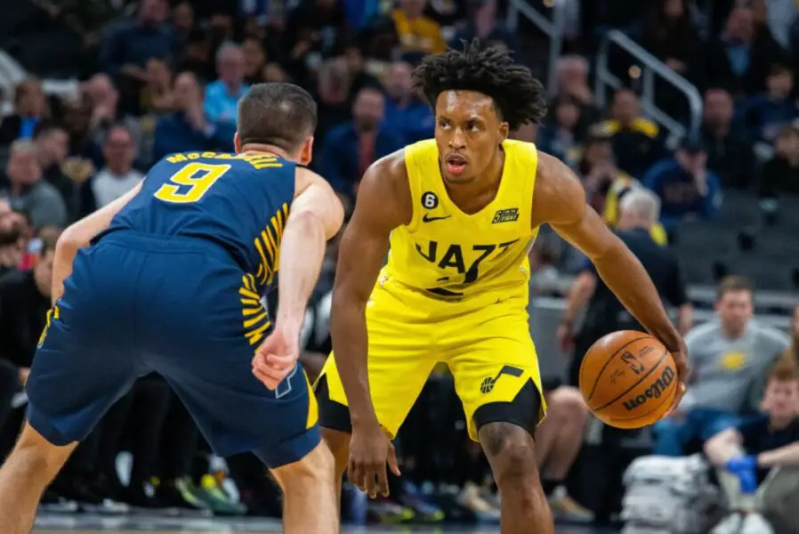 Feb 13, 2023; Indianapolis, Indiana, USA; Utah Jazz guard Collin Sexton (2) dribbles the ball while Indiana Pacers guard T.J. McConnell (9) defends in the second quarter at Gainbridge Fieldhouse. Mandatory Credit: Trevor Ruszkowski-USA TODAY Sports Milwaukee Bucks (NBA Rumors)