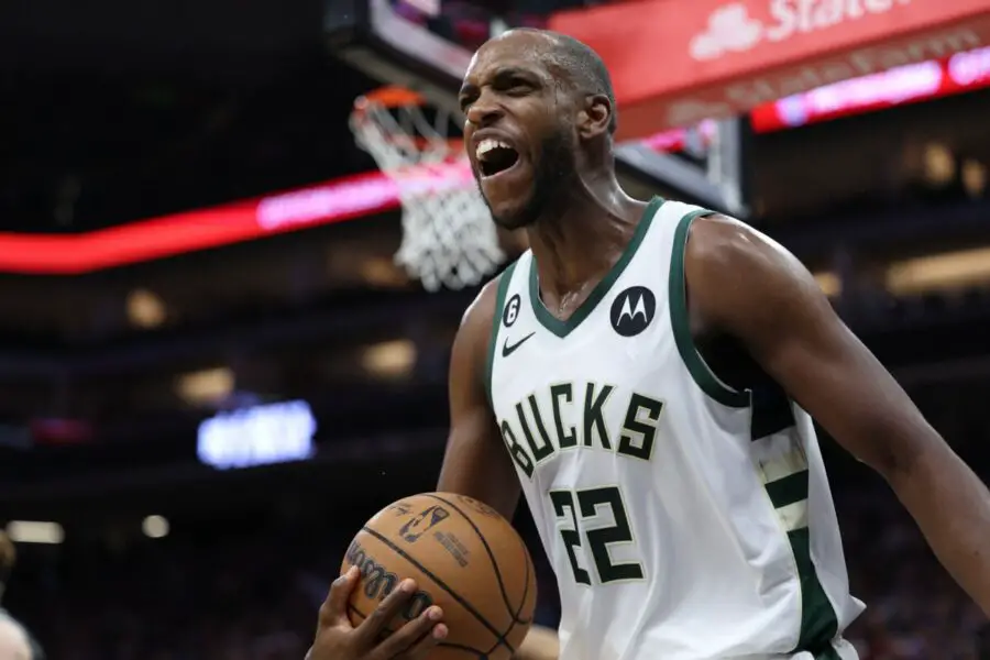 Mar 13, 2023; Sacramento, California, USA; Milwaukee Bucks small forward Khris Middleton (22) reacts to a call before receiving a technical foul during the fourth quarter against the Sacramento Kings at Golden 1 Center. Mandatory Credit: Kelley L Cox-USA TODAY Sports (NBA Rumors)