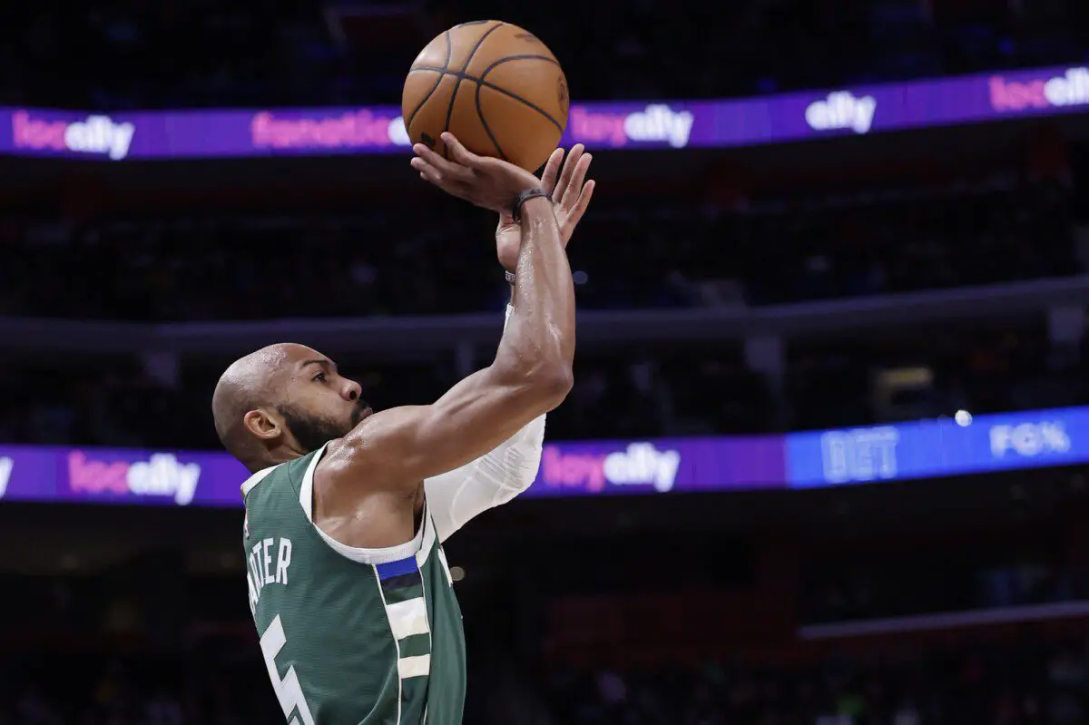 Mar 27, 2023; Detroit, Michigan, USA; Milwaukee Bucks guard Jevon Carter (5) shoots in the second half against the Detroit Pistons at Little Caesars Arena. Mandatory Credit: Rick Osentoski-USA TODAY Sports (NBA Rumors)