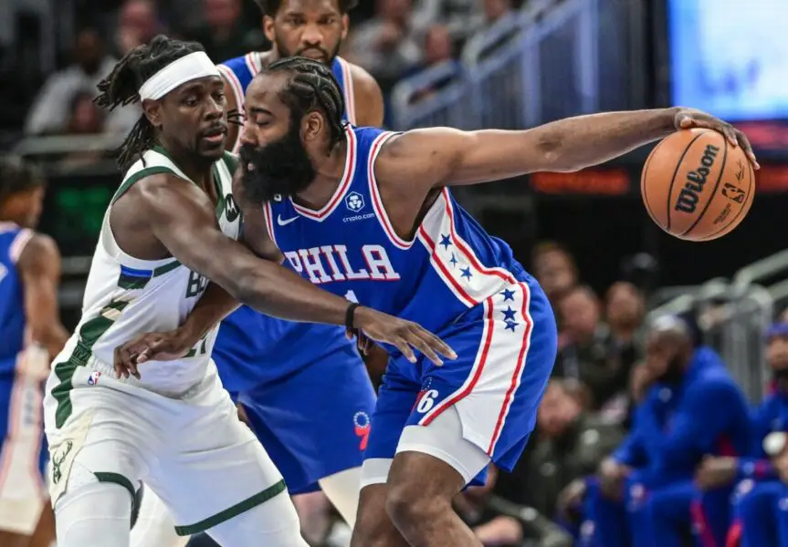 Apr 2, 2023; Milwaukee, Wisconsin, USA; Philadelphia 76ers guard James Harden (1) fights for position against Milwaukee Bucks guard Jrue Holiday (21) during the first quarter at Fiserv Forum. Mandatory Credit: Benny Sieu-USA TODAY Sports (NBA News)