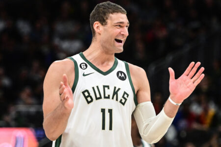 Apr 2, 2023; Milwaukee, Wisconsin, USA; Milwaukee Bucks center Brook Lopez (11) reacts in the second quarter during the game against the Philadelphia 76ers at Fiserv Forum. Mandatory Credit: Benny Sieu-USA TODAY Sports (NBA Rumors)