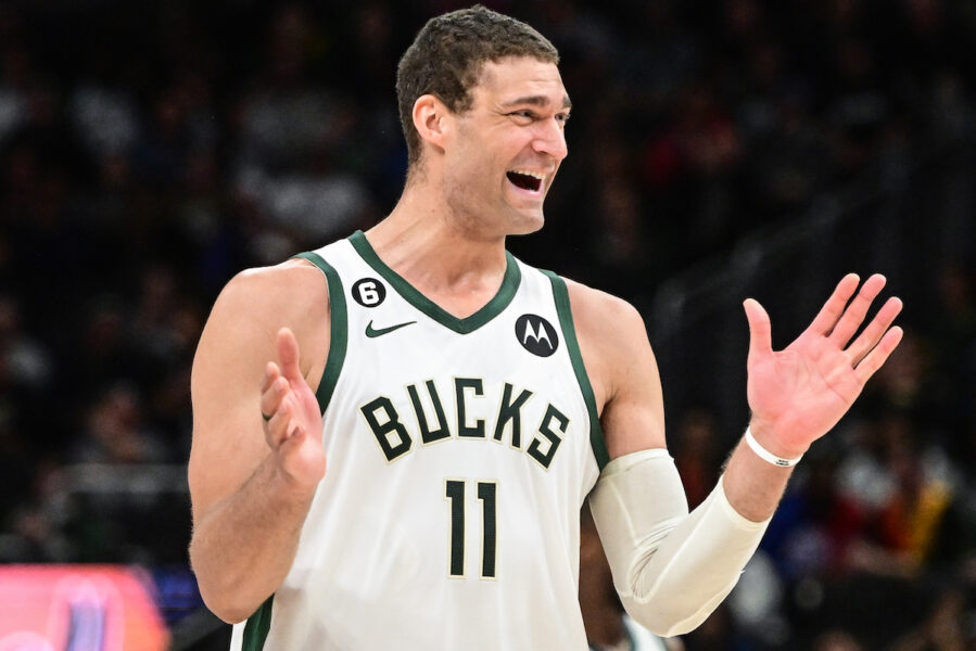 Apr 2, 2023; Milwaukee, Wisconsin, USA; Milwaukee Bucks center Brook Lopez (11) reacts in the second quarter during the game against the Philadelphia 76ers at Fiserv Forum. Mandatory Credit: Benny Sieu-USA TODAY Sports (NBA News)