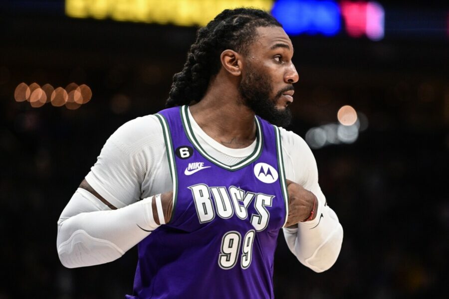 Apr 7, 2023; Milwaukee, Wisconsin, USA; Milwaukee Bucks forward Jae Crowder (99) reacts in the fourth quarter during game against the Memphis Grizzlies at Fiserv Forum. Mandatory Credit: Benny Sieu-USA TODAY Sports (NBA Rumors)