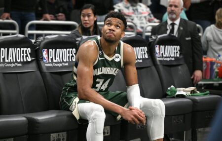 Apr 26, 2023; Milwaukee, Wisconsin, USA; Milwaukee Bucks forward Giannis Antetokounmpo (34) sits on the bench after a 128-126 loss to the Miami Heat during game five of the 2023 NBA Playoffs at Fiserv Forum. Mandatory Credit: Michael McLoone-USA TODAY Sports (NBA Rumors)