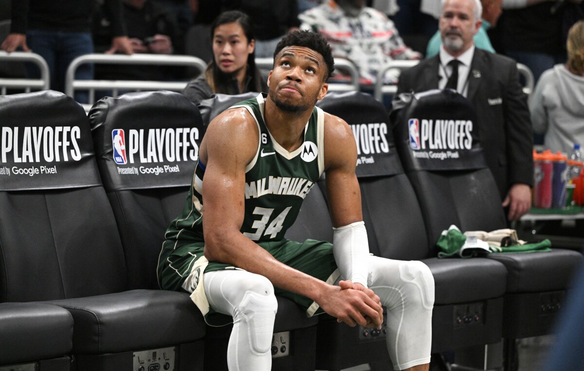 Apr 26, 2023; Milwaukee, Wisconsin, USA; Milwaukee Bucks forward Giannis Antetokounmpo (34) sits on the bench after a 128-126 loss to the Miami Heat during game five of the 2023 NBA Playoffs at Fiserv Forum. Mandatory Credit: Michael McLoone-USA TODAY Sports