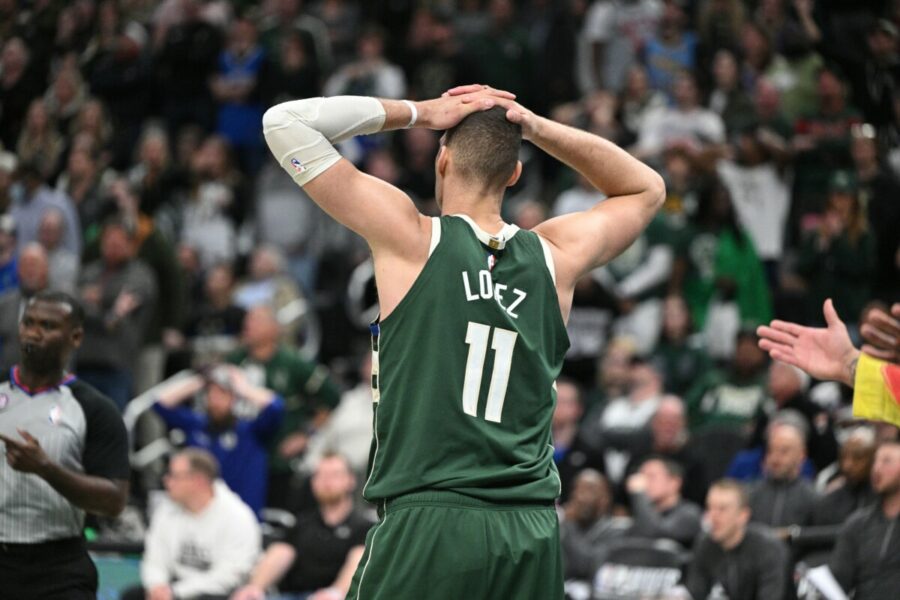 Apr 26, 2023; Milwaukee, Wisconsin, USA; Milwaukee Bucks center Brook Lopez (11) reacts after being called for a foul against Miami Heat during game five of the 2023 NBA Playoffs at Fiserv Forum. Mandatory Credit: Michael McLoone-USA TODAY Sports