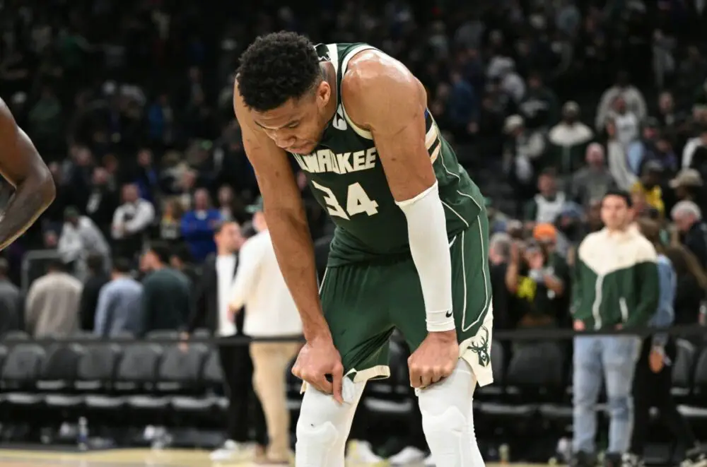 Apr 26, 2023; Milwaukee, Wisconsin, USA; Milwaukee Bucks forward Giannis Antetokounmpo (34) after a 128-126 loss to the Miami Heat during game five of the 2023 NBA Playoffs at Fiserv Forum. Mandatory Credit: Michael McLoone-USA TODAY Sports (NBA News, NBA Rumors)