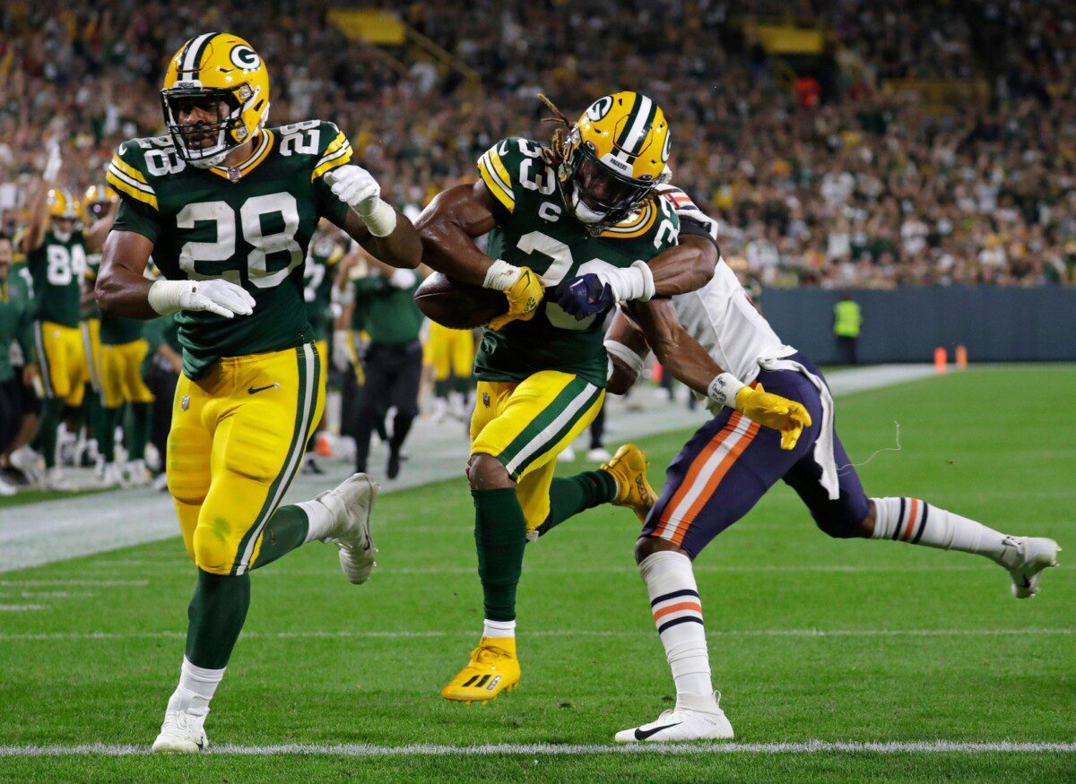 Aaron Jones & AJ Dillon Green Bay Packers Unsigned Runs Downfield in Jersey Photograph