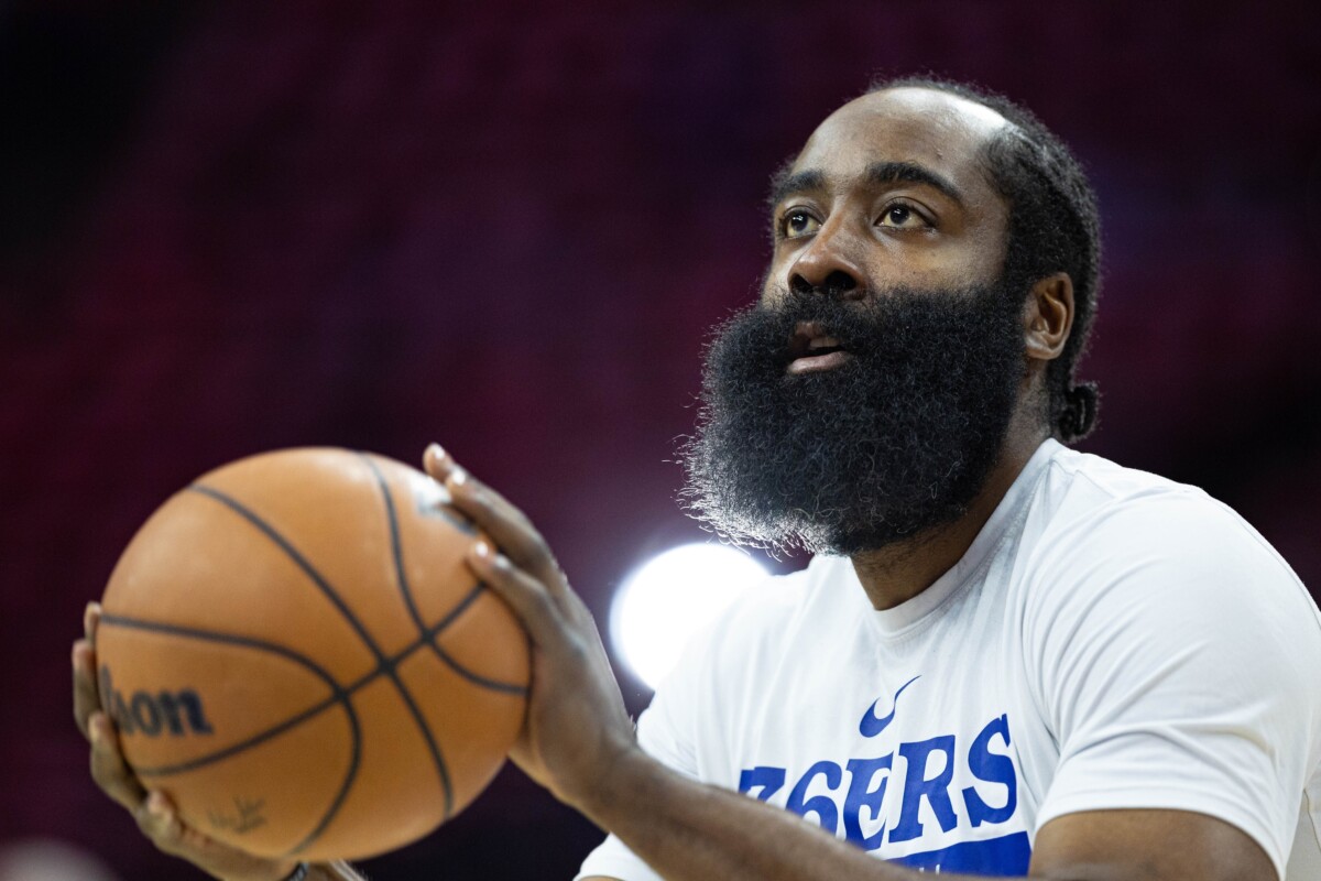 May 11, 2023; Philadelphia, Pennsylvania, USA; Philadelphia 76ers guard James Harden warms up before game six of the 2023 NBA playoffs against the Boston Celtics at Wells Fargo Center. Mandatory Credit: Bill Streicher-USA TODAY Sports (NBA Rumors)