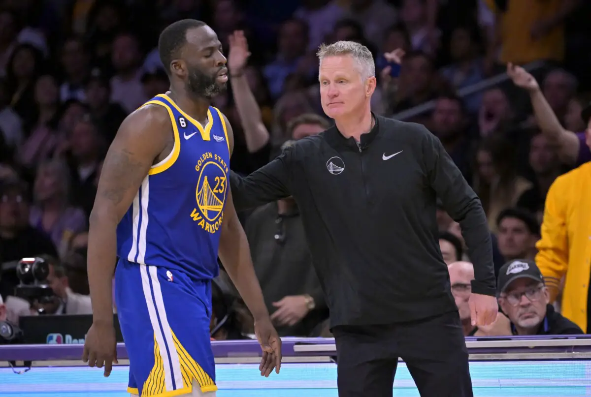 May 12, 2023; Los Angeles, California, USA; Golden State Warriors forward Draymond Green (23) walks past head coach Steve Kerr after fouling out in the second half of game six of the 2023 NBA playoffs at Crypto.com Arena. Mandatory Credit: Jayne Kamin-Oncea-USA TODAY Sports NBA news (NBA News)