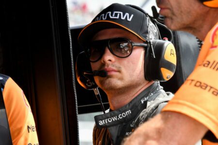 Arrow McLaren SP driver Pato O'Ward (5) sits in his pit box Friday, May 19, 2023, during Fast Friday ahead of the 107th running of the Indianapolis 500 at Indianapolis Motor Speedway.